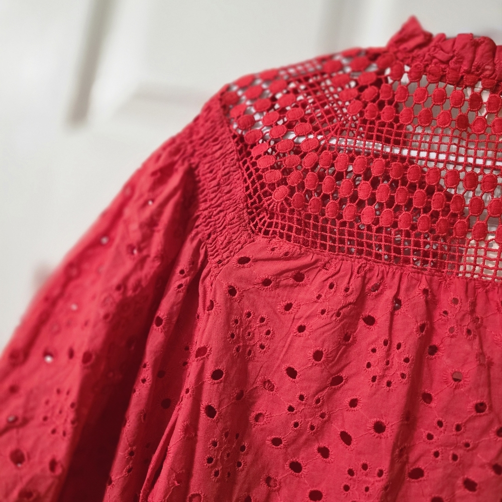 NWT Adiva Red Cotton Crochet & Eyelet Popover Blouse, Puff Sleeves, Boxy Fit. - Picture 8 of 11